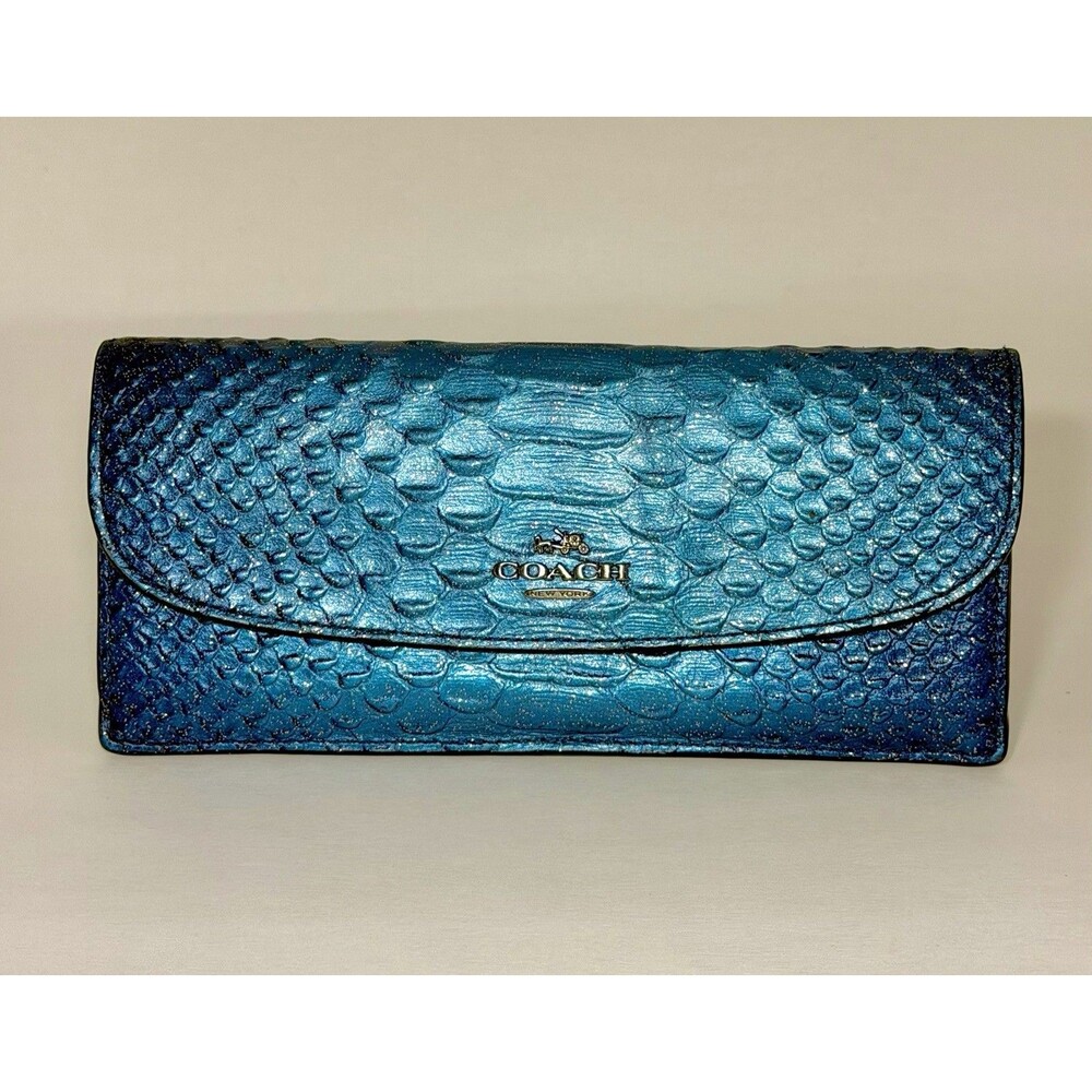 Coach F53641 Slim Envelope Wallet Metallic Blue Python Snake Embossed Leather